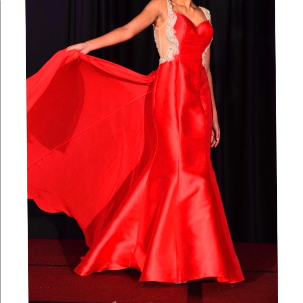 Red prom / pageant dress with train mikado satin